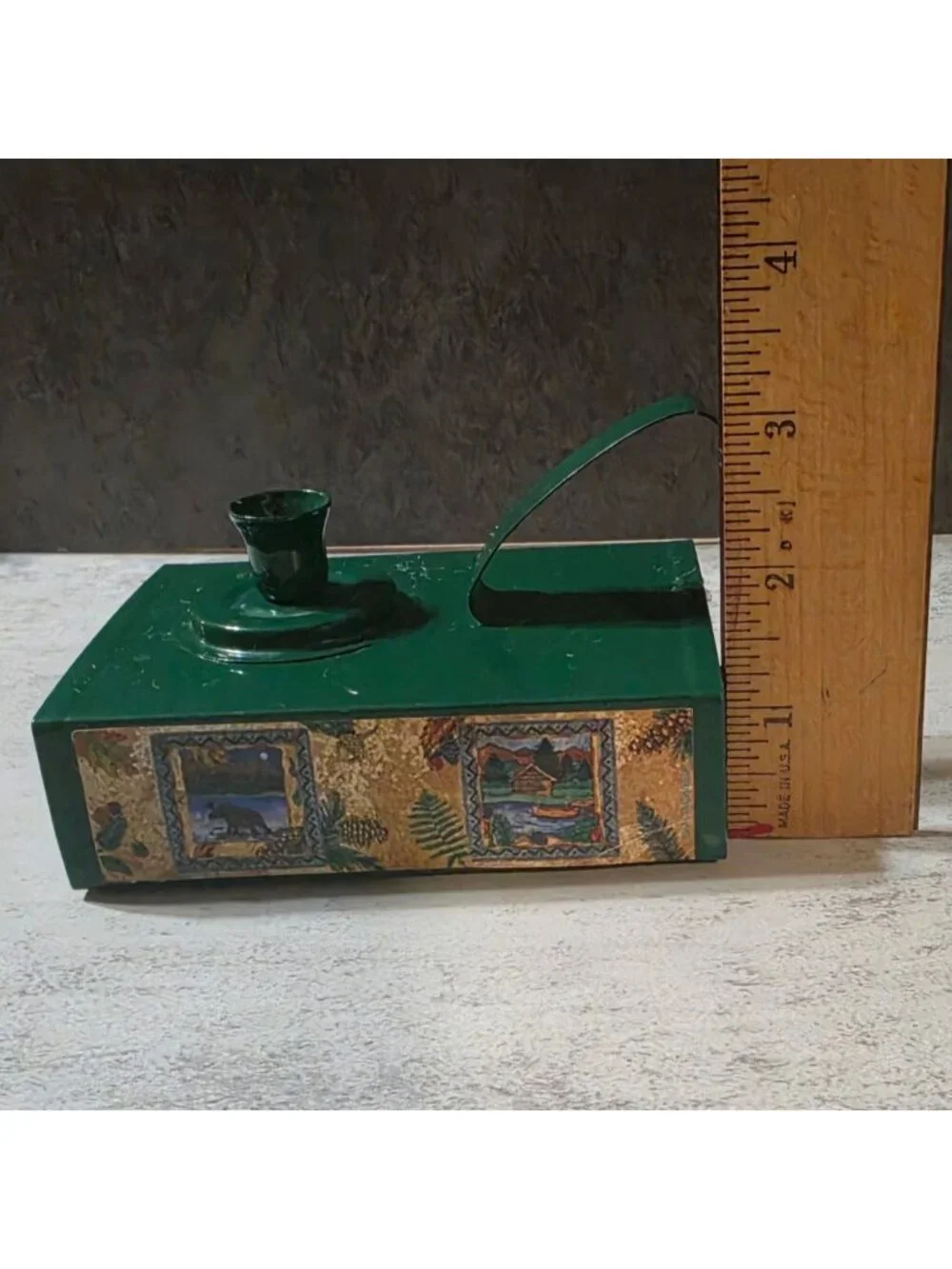 Vtg Green Metal Emergency Candle Tin Holder Storage Drawer Cabin Lodge Bear